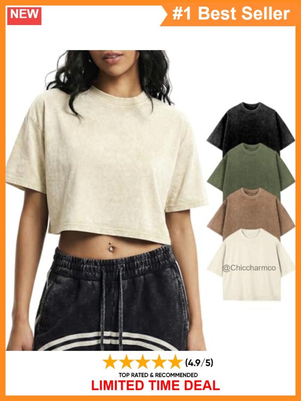 100% Cotton Cropped T Shirts Oversized Acid Wash Crop Tops Women Crew Neck
